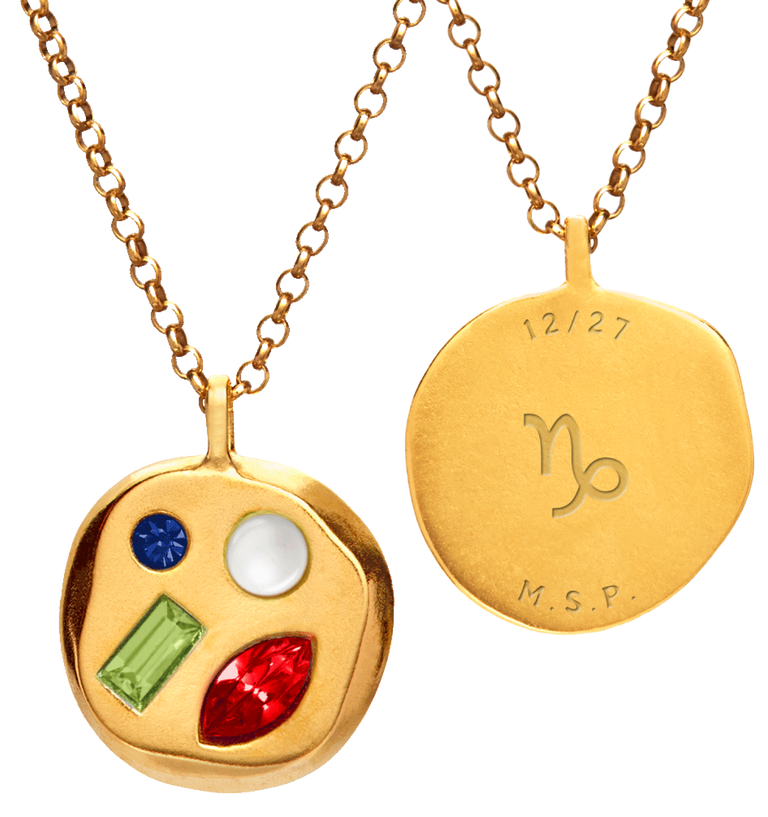 Two Birthdate Pendants are hanging, showcasing the front and back with a custom engraving